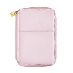 a pink leather case with a gold clasp on the front and side, sitting on a white background