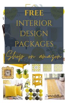 the interior design package is shown in yellow and gray colors, with text overlaying it