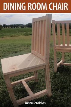 two wooden chairs sitting in the grass with text overlay reading diy dining room chair