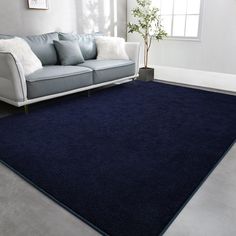 a living room with a couch and blue rug