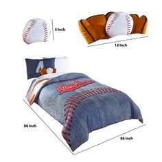 a baseball themed bedding set is shown with measurements for the comforter and pillow