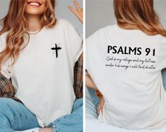 "Comfort Colors T-Shirt\\ Psalm 91 T Shirt, Bible Verse T-Shirt, Christian Shirt, Women's Religious Shirt, Faith Based Shirt, Jesus Shirt 👉Experience the soft, vintage touch and a laid-back fit with Comfort Colors T-Shirts.  Crafted from 100% ring-spun cotton for ultimate comfort. To achieve an oversized look, we recommend sizing up by two sizes. ✨Care Instructions✨ 👉Wash item inside out in cold water, do not bleach, do not dry clean, do not iron directly on the design. ✨How To Order✨ 👉 First Bible T Shirt Design, Bible Verse Shirt Design, Faith Shirts For Women, Cute Shirt Ideas Vinyl, Jesus Tshirt Design, Church T Shirt Ideas Design, Christian Shirt Ideas, Christian T Shirt Ideas, Christian Tshirt Design Ideas