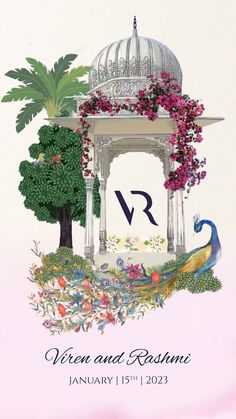 an ornate gazebo surrounded by flowers and trees with the letter r on it's side