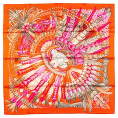 Hermès new Danse Pacifique silk scarf . Orange color way. Hand rolled edges. Comes with original box. Hermes Twilly, Rose Scarf, Horse Motif, Hermes Orange, Cowry Shell, Hermes Silk, Orange Scarf, Silk Twill Scarf, Vintage Hermes