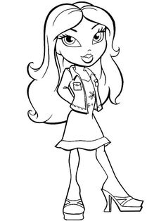 a cartoon girl with long hair wearing high heels and a jacket, standing in front of a