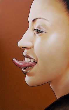 a painting of a woman's face with a tongue sticking out from her mouth