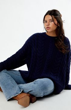 The Rory Cable Knit Sweater from LA Hearts offers cozy sophistication with its thick cable knit fabric. Featuring a crew neckline, long sleeves with dropped shoulders, and an oversized fit, this sweater provides both warmth and a stylish, relaxed look.Cable knit fabricLong sleevesDropped shouldersCrew necklineRibbed trimmingOversized fitOne size fits most100% cotton LA Hearts Womens Rory Cable Knit Sweater - Blue Oversize Cable Knit Sweater, Sweater Cable Knit, Fall Winter Outfits Aesthetic, Cute Knit Sweaters, Brandy Melville Sweater Outfit, Winter Essentials Clothes Women, Fall Sweaters Aesthetic, Navy Blue Sweater Outfit, Navy Sweater Outfit