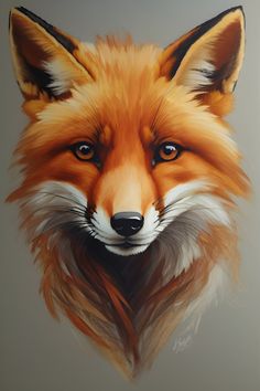 a painting of a red fox's face with blue eyes and long hair, on a gray background