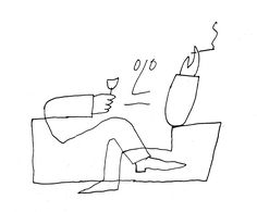 a black and white drawing of a person sitting on a couch with a glass of wine