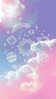 the sun, planets and stars are drawn in the sky above some fluffy clouds on a pink blue purple and white background