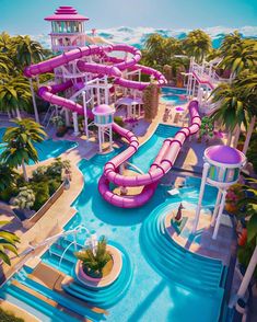 an aerial view of a water park with a pink slide and palm trees in the background