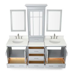 a bathroom vanity with two sinks and three mirrors on the wall, in front of a white background