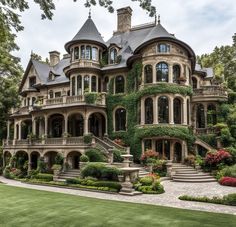 a large house with many windows and lots of greenery on the front porchs