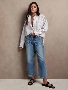 Mom Uniform Summer, Me And Em Clothing, High Rise Wide Leg Crop Jeans Outfit, Wide Leg Cropped Jeans Outfits Spring, Women’s Jeans Outfits, Modest Interview Outfit, Casual Outfits 30s, Style Inspiration For Curvy, 80s Mom Fashion