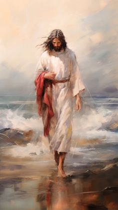 a painting of jesus walking on the beach with his hands in his pockets and head down