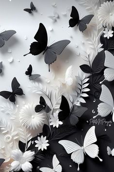 black and white butterflies flying in the air with happy birthday written on it's side