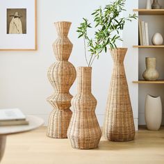 three tall vases sitting on top of a wooden table next to a potted plant