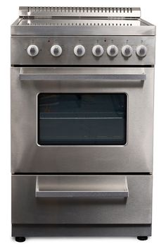 a stainless steel oven with two burners and one door open on an isolated white background