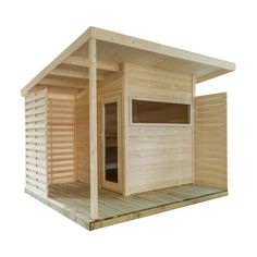 a small wooden sauna with the door open and windows on top, in front of a white background