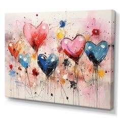 an abstract painting with many hearts painted on it's sides and paint splatters all around the edges