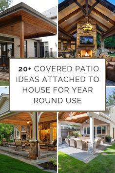 Collage of covered patio ideas attached to house showcasing various styles and settings for year-round outdoor enjoyment. Outdoor Attached Covered Patio, Covered Patio Remodel, Patio With Pergola Attached To House, Covered Outdoor Spaces Ideas, Backyard Attached Covered Patio, Covered Patios Attached To House Back, Covered Patio Roof Attached To House, Covered Patio Backyard Ideas, Home Patio Design