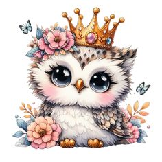 an owl with a crown sitting on top of it's head and flowers around its neck