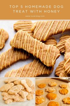 the top 5 homemade dog treat with honey is shown in this collage, including cookies and