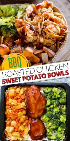 two photos with different types of food in the bottom and on the top, including broccoli, sweet potato bowls