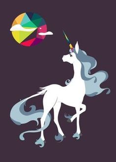 a white unicorn standing on its hind legs with a rainbow in the sky above it