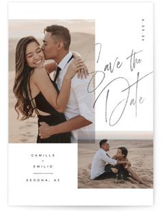 the save the date photo card is printed on white paper and features an image of two people