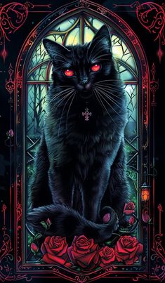 a black cat with red eyes sitting in front of a stained glass window, surrounded by roses