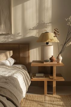 a bed room with a neatly made bed next to a night stand and a lamp