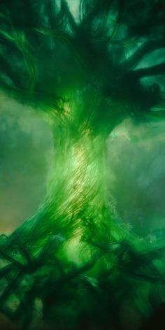 an abstract painting of a tree with green leaves