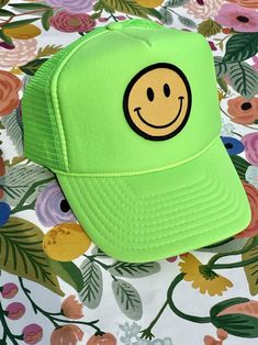 Smiley Face Trucker Hat | Etsy Playful Short Brim Hat, Green Fun Snapback Trucker Hat, Fun Green Snapback Trucker Hat, Green Snapback Trucker Hat, Fun Style, Fun Green Adjustable Trucker Hat, Fun Green Baseball Cap One Size, Fun Green Trucker Baseball Cap, Fun Green Baseball Cap, Novelty Short Brim Hat As Gift