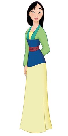 an animated woman in a green and blue dress with her hands on her hips, standing