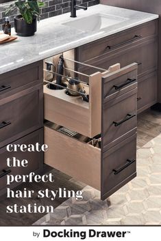 an advertisement for a hair salon with the words, create the perfect styling station by docking drawer