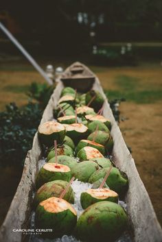 coconuts are lined up in an old boat