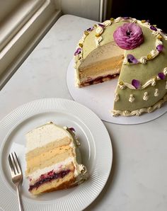 two cakes on plates with one slice missing