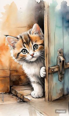 a watercolor painting of a kitten peeking out from behind a door