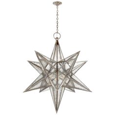 a moravian star hanging from a chain on a white background with light bulbs in the center