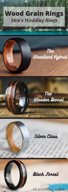 four different types of wedding rings on top of each other, with the words wood grain rings