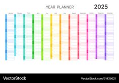 a colorful calendar with the year planner on it's side and numbers in different colors