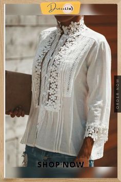 Plus Size Sweet Crochet Lace Button Up Shirt Top White Boho Shirt, White Lace Shirt, Crochet Lace Blouse, Women Lace Blouse, Crochet Lace Top, Plain Blouse, Styl Boho, Mock Neckline, Samara