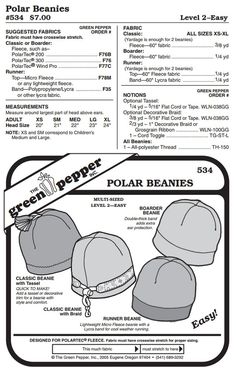 PRICES MAY VARY. Green Pepper Patterns #534 Fleece Polar Beanies and Winter Hats. Pattern Only Fleece Hat Pattern, Winter Headwear, Hat Patterns To Sew, Knitting Machine Patterns, Costume Sewing Patterns, Green Pepper, Bear Outfits, Fleece Hat, Snow Caps