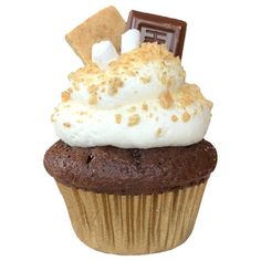 a chocolate cupcake topped with whipped cream and crumbs next to a bar of chocolate