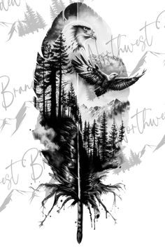 an eagle flying through the air with trees on it's back and words around it