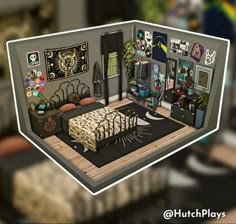 an animated image of a living room with furniture and decorations on the walls, including a bed