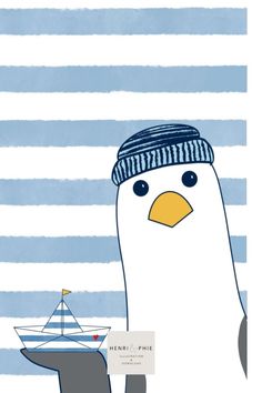 a penguin with a hat and a boat in the background