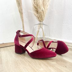 RED VELVET WEDDING SHOES - BURGUNDY CRISS CROSS SHOES - DARK RED BRIDAL HEELS Welcome to Belle Wedding Shoes, your source for beautiful red velvet wedding shoes that effortlessly combine style and comfort. Explore our exquisite collection of dark red criss cross shoes - the ultimate choice for brides. Meticulously handcrafted with premium burgundy  velvet and high-quality vegan leather, our low block heels feature a secure criss cross strap on the upper part and a closed-toe design, ensuring your feet stay comfortable all day. The timeless, sleek design effortlessly complements your wedding attire, and the 2.1-inch (approximately 5 cm) block heels provide the perfect elevation, enhancing both your confidence and stature. Whether you seek bridal block heels, red velvet wedding shoes, elegan Burgundy Wedding Shoes, Wedding Shoes Red, Wedding Flats For Bride, Red Flat Shoes, Red Velvet Heels, Red Block Heels, Red Shoes Flats, Cross Shoes, Bride Heels