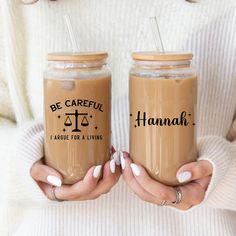 two women holding coffee mugs with the words be careful and hannah on them